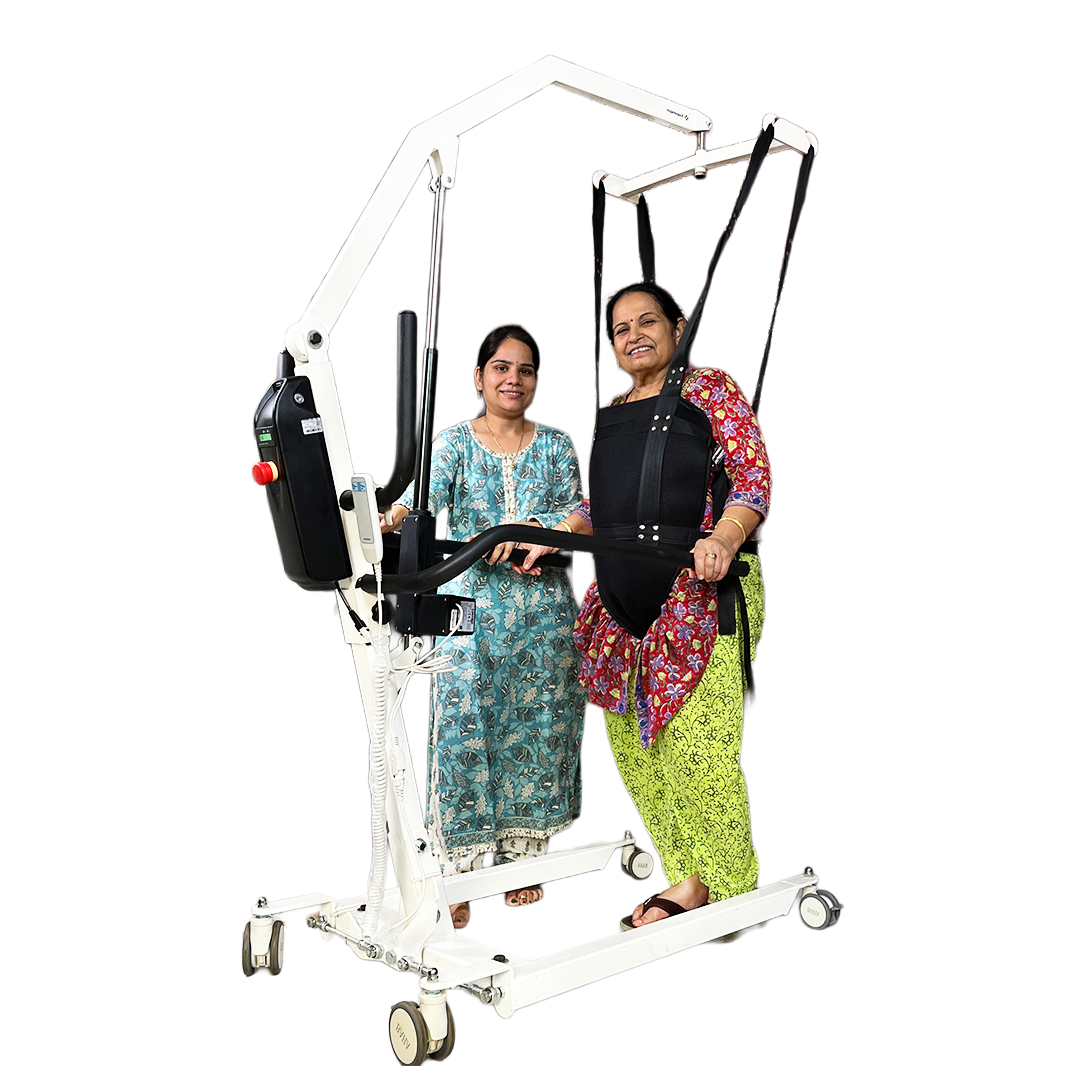 Patient using a Morecare patient lift with a caregiver